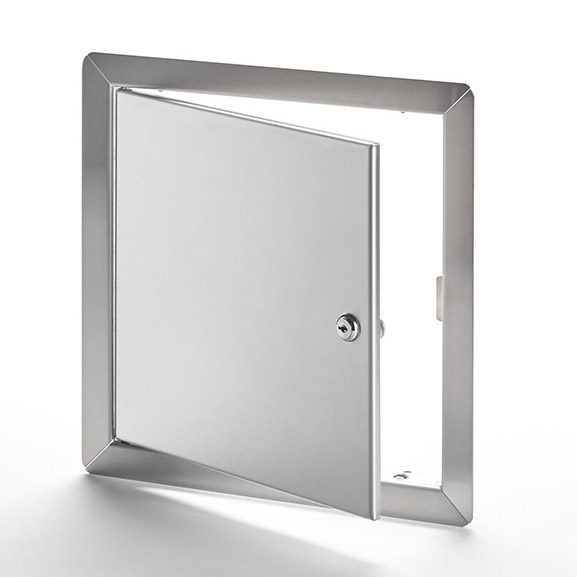 AHD-SS-10- Flush Universal Stainless Steel Access Door with Exposed Flange. Key-operated cylinder cam latch. Pin hinge.