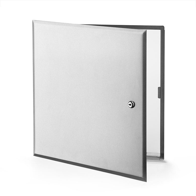 CTR-SS-10- Flush Universal Stainless Steel Access Door with Hidden Flange. Key-operated cylinder cam latch. Pantograph hinge
