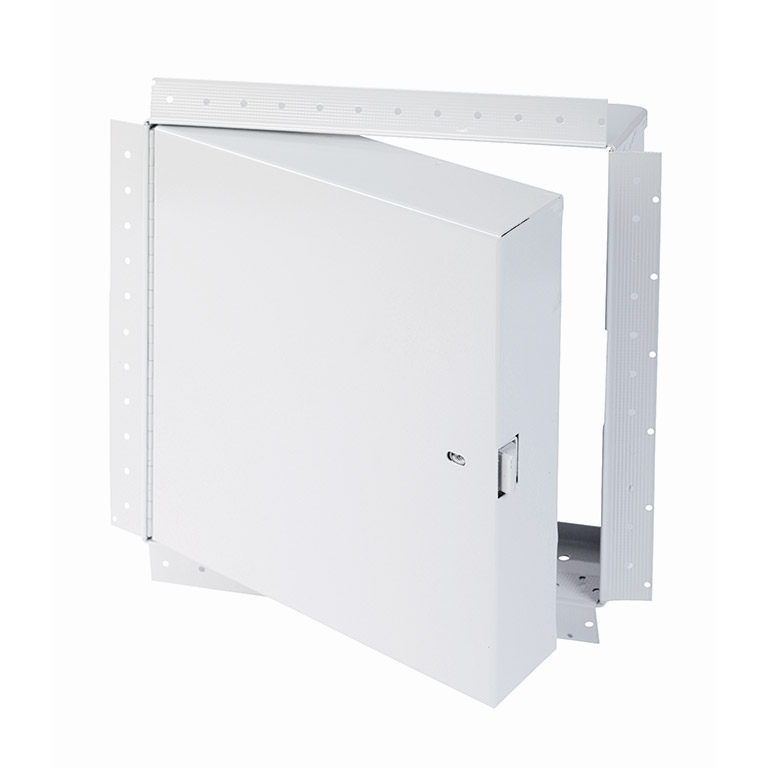 PFI-GYP-00- Fire-Rated Insulated Access Door with Drywall Bead Flange. Ring and self-latching tool-key operated slam latches. Piano hinge