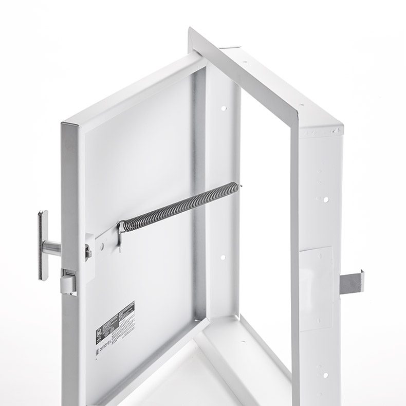 PFN-22- Fire-Rated Uninsulated Access Door with Exposed Flange. 4" handle operated slam latch. Piano hinge