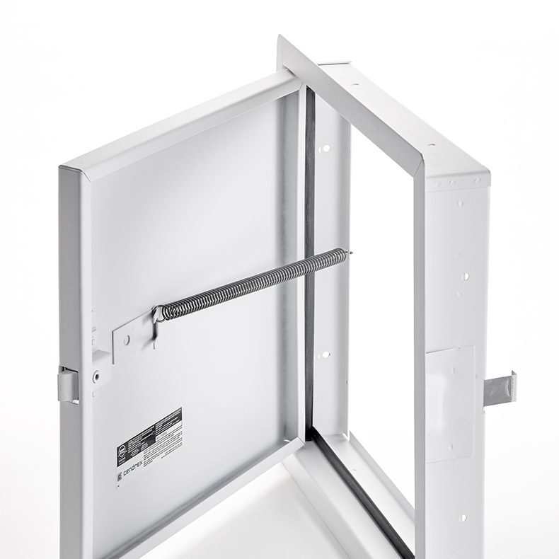 PFN-60- Fire-Rated Uninsulated Access Door with Exposed Flange. Ring and self-latching tool-key operated slam latch. Piano hinge. Gasket