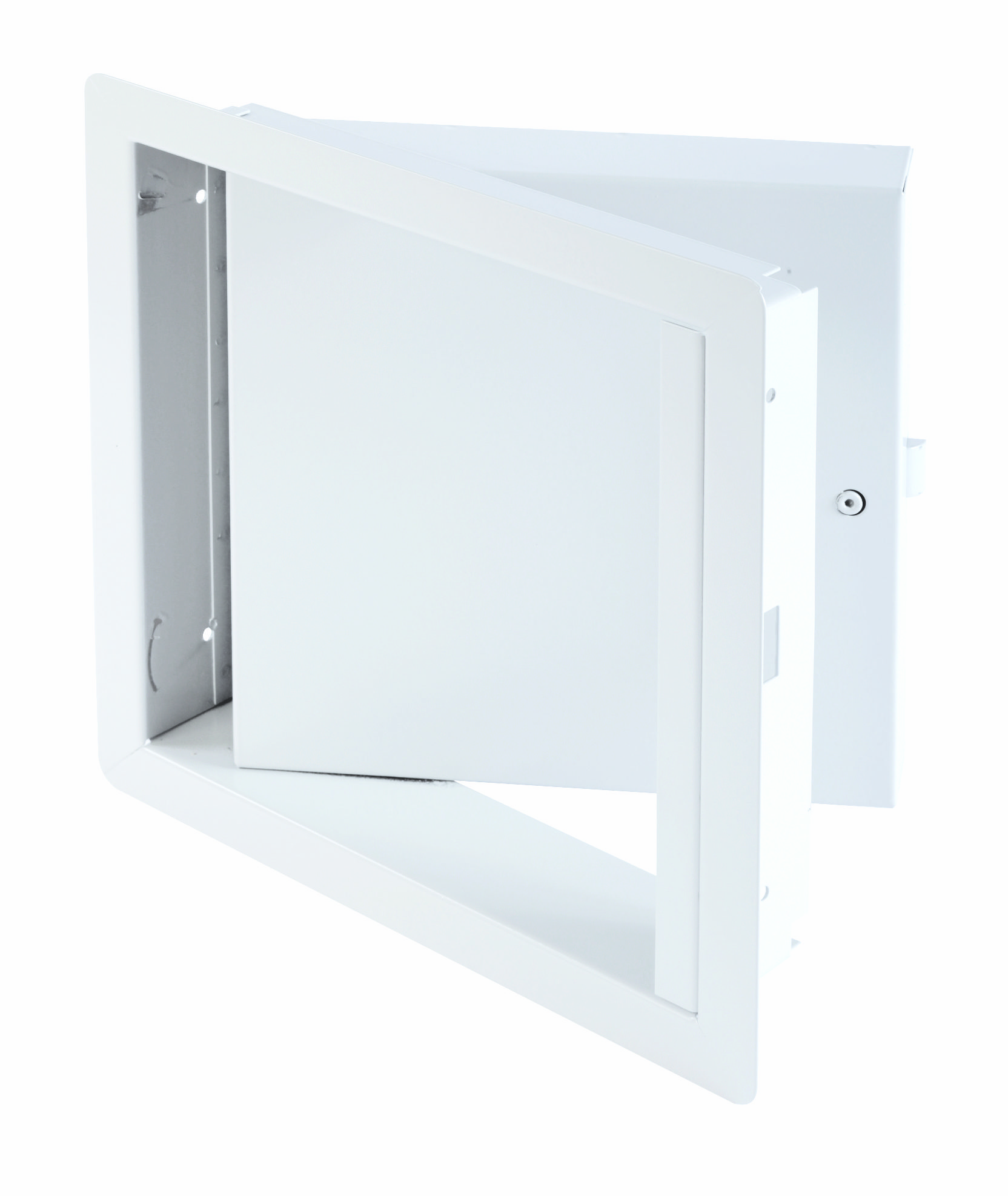 PFU-00- Fire-Rated Insulated Upward Opening Access Door with Exposed Flange. Hex head and ring key operated slam latch. Piano hinge.
