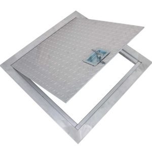 PPA-00 Flush Aluminum Floor Hatch with Exposed Flange, recessed handle operated cam latch, heavy duty aluminum piano hinge