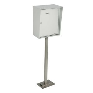 BP-110-00- Single parcel box front-loading pedestal model with a key-return slot. For outdoor use. Cylinder lock with 2 keys.
