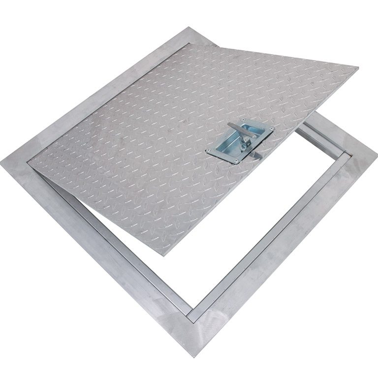 PPA-100K- Flush Aluminum Floor Hatch with Exposed Flange, key operated recessed handle cam latch, heavy duty aluminum piano hinge